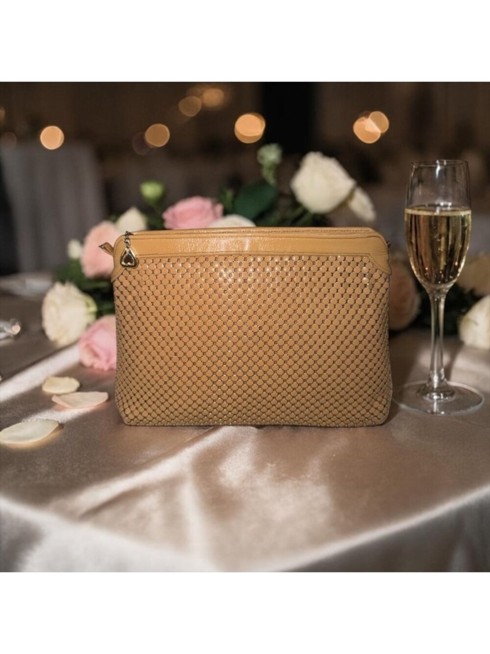 VTG Whiting & Davis Mesh Handbag Beige Metal Chainmail 3-way Bag 80s USA Clutch